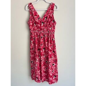 Avenue Womens Pink Red Floral Cotton Smocked Waist V-Neck Midi Dress Plus 14/16
